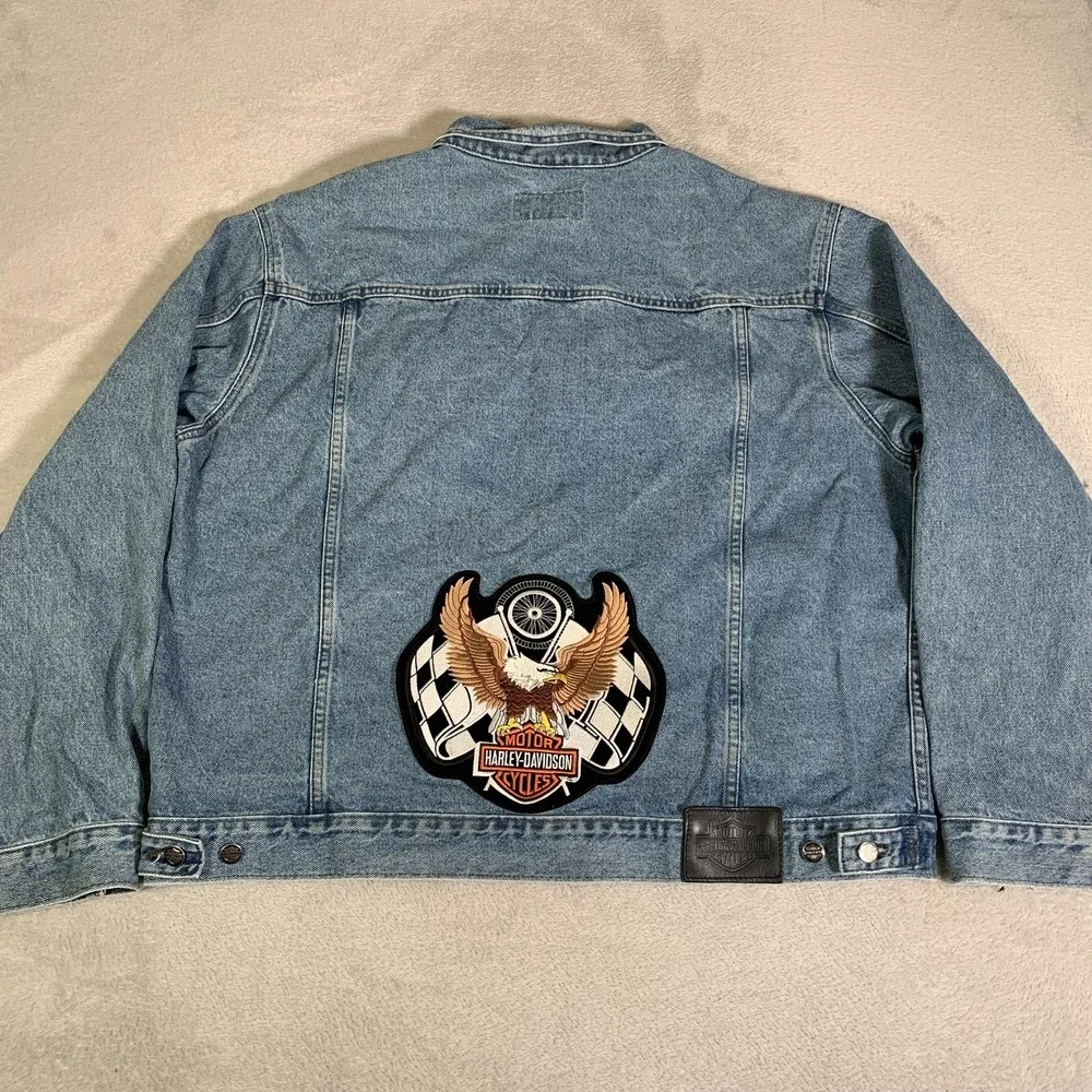 Vintage Harley Davidson Jacket Mens 2XL Blue Denim Eagle Racing Patch Motorcycle